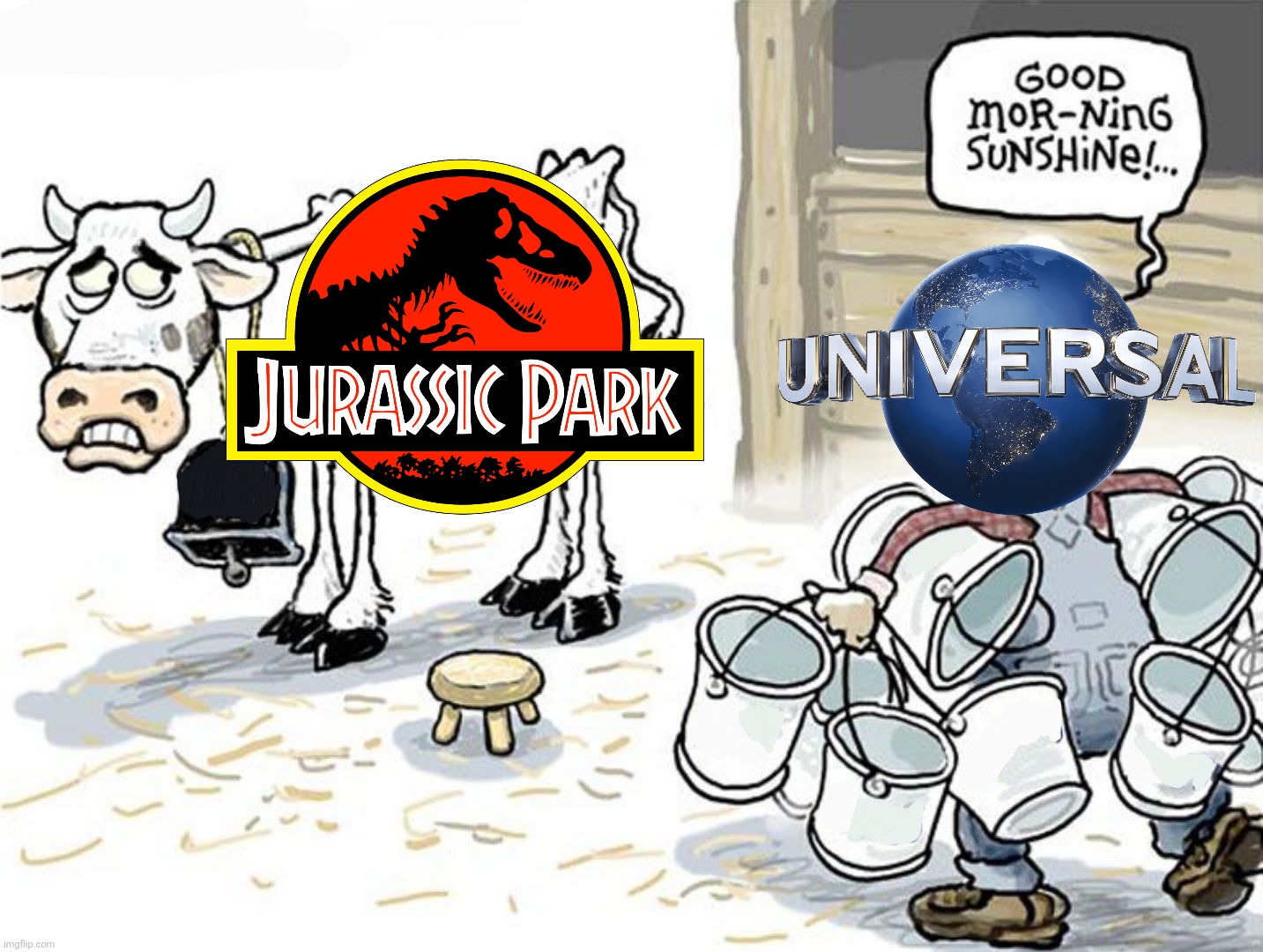 To be honest, only reason why its not dead is because of the merchandise and they make alot of money. | image tagged in milking the cow,jurassic park,memes,movie,funny,jurassic world | made w/ Imgflip meme maker