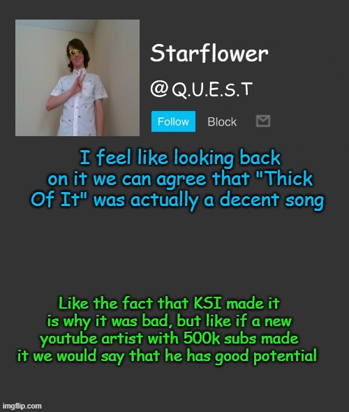 High expectations is why it flopped, I listen to it sometimes | I feel like looking back on it we can agree that "Thick Of It" was actually a decent song; Like the fact that KSI made it is why it was bad, but like if a new youtube artist with 500k subs made it we would say that he has good potential | image tagged in starflower quest template | made w/ Imgflip meme maker