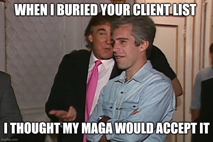 Trump and his 15-year business partner, Jeffrey Epstein. | WHEN I BURIED YOUR CLIENT LIST I THOUGHT MY MAGA WOULD ACCEPT IT | image tagged in trump and his 15-year business partner jeffrey epstein | made w/ Imgflip meme maker