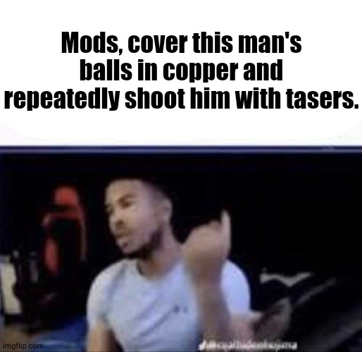 Mods crush his balls | Mods, cover this man's balls in copper and repeatedly shoot him with tasers. | image tagged in mods crush his balls | made w/ Imgflip meme maker
