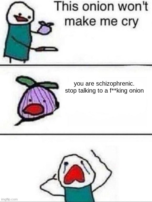 This onion wont make me cry | you are schizophrenic. stop talking to a f**king onion | image tagged in this onion wont make me cry | made w/ Imgflip meme maker