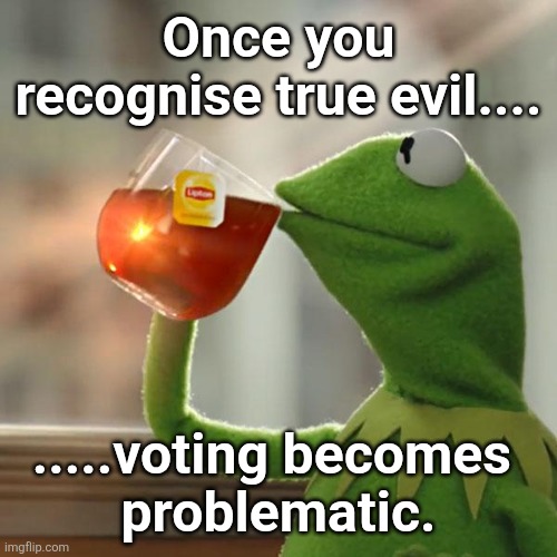 Recognise Evil | Once you recognise true evil.... .....voting becomes 
problematic. | image tagged in memes,but that's none of my business,kermit the frog | made w/ Imgflip meme maker