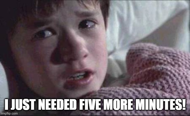 I See Dead People | I JUST NEEDED FIVE MORE MINUTES! | image tagged in memes,i see dead people | made w/ Imgflip meme maker