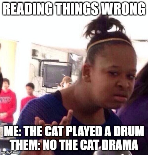 drama or dumb | READING THINGS WRONG; ME: THE CAT PLAYED A DRUM
THEM: NO THE CAT DRAMA | image tagged in memes,black girl wat | made w/ Imgflip meme maker