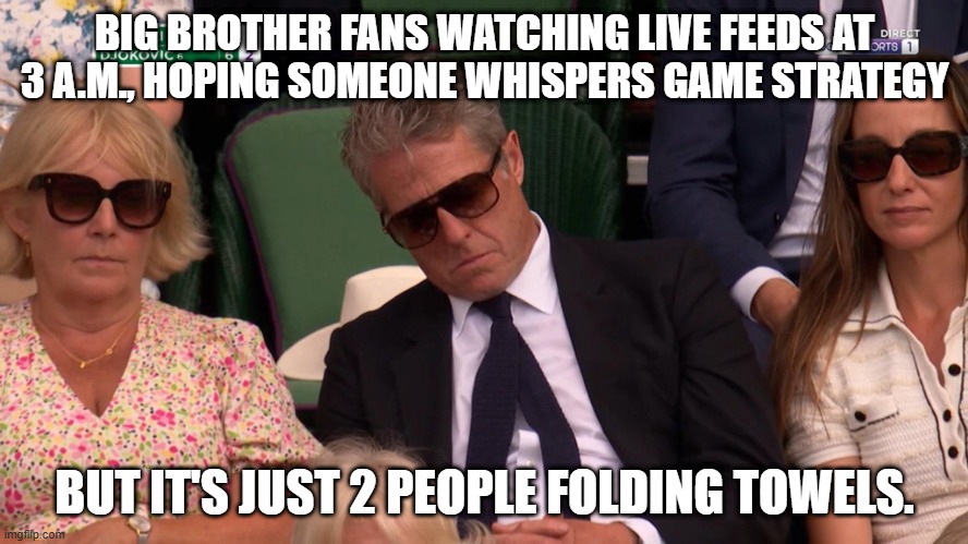 Big Brother Hugh Grant | BIG BROTHER FANS WATCHING LIVE FEEDS AT 3 A.M., HOPING SOMEONE WHISPERS GAME STRATEGY; BUT IT'S JUST 2 PEOPLE FOLDING TOWELS. | image tagged in reality tv | made w/ Imgflip meme maker