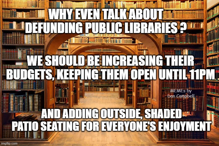 Library | WHY EVEN TALK ABOUT DEFUNDING PUBLIC LIBRARIES ? WE SHOULD BE INCREASING THEIR BUDGETS, KEEPING THEM OPEN UNTIL 11PM; MEMEs by Dan Campbell; AND ADDING OUTSIDE, SHADED PATIO SEATING FOR EVERYONE'S ENJOYMENT | image tagged in library | made w/ Imgflip meme maker