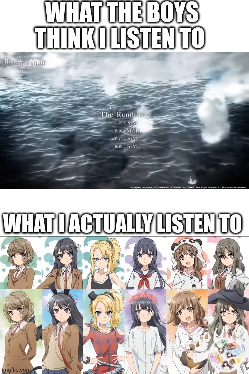 And I'm proud of it | WHAT THE BOYS THINK I LISTEN TO; WHAT I ACTUALLY LISTEN TO | image tagged in memes,attack on titan,aot,anime | made w/ Imgflip meme maker