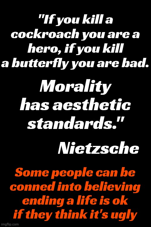 Life Is Life And ALL Life Has A God Given Right To Live Without Fear Of Persecution | "If you kill a cockroach you are a hero, if you kill a butterfly you are bad. Morality has aesthetic standards."; Nietzsche; Some people can be conned into believing ending a life is ok if they think it's ugly | image tagged in memes,life,god given rights,wake up,the great awakening,philosophy | made w/ Imgflip meme maker