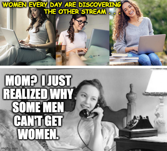 The Hazards of Politics. | WOMEN EVERY DAY ARE DISCOVERING
THE OTHER STREAM . . . MOM?  I JUST
REALIZED WHY
SOME MEN
CAN'T GET
WOMEN. | image tagged in memes,truth,politics | made w/ Imgflip meme maker