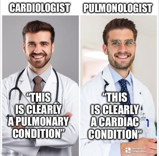 Medical | CARDIOLOGIST; PULMONOLOGIST; “THIS IS CLEARLY A PULMONARY CONDITION”; “THIS IS CLEARLY A CARDIAC CONDITION“ | image tagged in memes | made w/ Imgflip meme maker