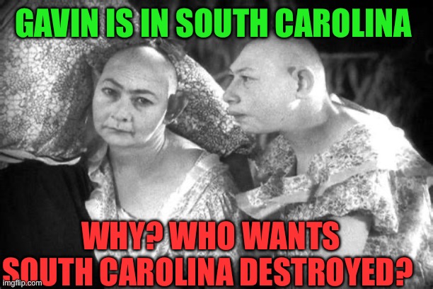 Californication coming to South Carolina | GAVIN IS IN SOUTH CAROLINA; WHY? WHO WANTS SOUTH CAROLINA DESTROYED? | image tagged in elvira and jenny,california,democrats,governor,democratic socialism | made w/ Imgflip meme maker