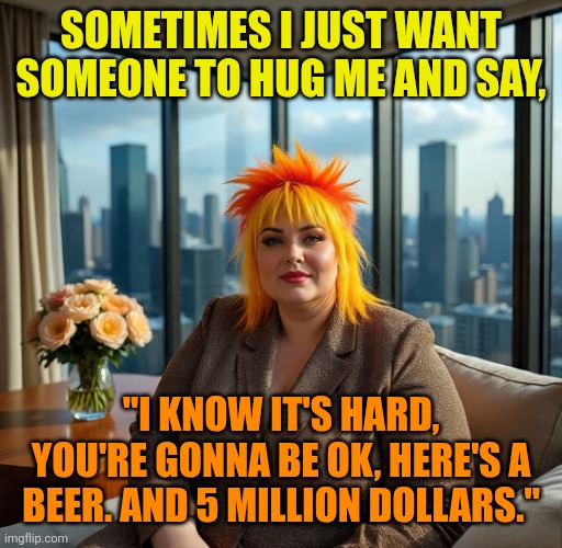 Life | SOMETIMES I JUST WANT SOMEONE TO HUG ME AND SAY, "I KNOW IT'S HARD, YOU'RE GONNA BE OK, HERE'S A BEER. AND 5 MILLION DOLLARS." | image tagged in real life | made w/ Imgflip meme maker