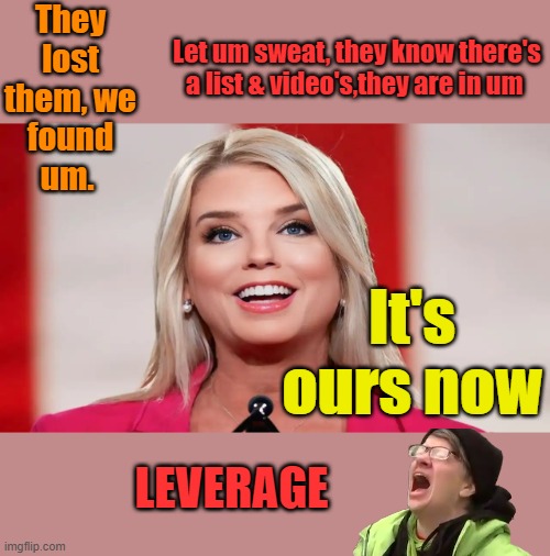 Let um sweat, they know there's a list & video's,they are in um; They lost them, we found um. It's ours now; LEVERAGE | made w/ Imgflip meme maker