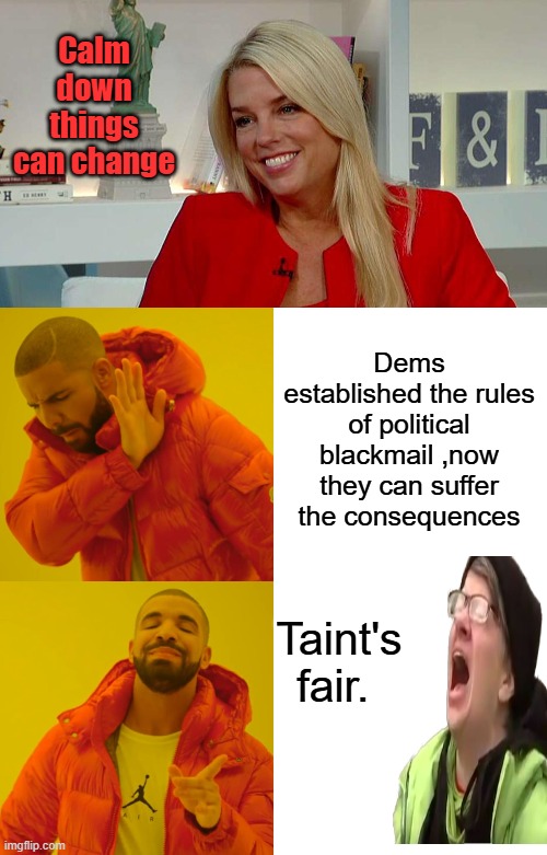 Calm down things can change; Dems established the rules of political blackmail ,now they can suffer the consequences; Taint's fair. | image tagged in memes,drake hotline bling | made w/ Imgflip meme maker