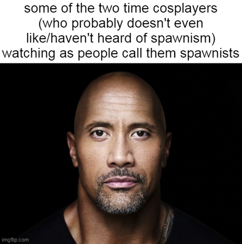 i honestly can't look at the two time same thanks to the dumbfucks | some of the two time cosplayers (who probably doesn't even like/haven't heard of spawnism) watching as people call them spawnists | image tagged in the rock stare | made w/ Imgflip meme maker