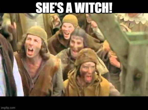 She's a witch! Burn her! Monty Python | SHE'S A WITCH! | image tagged in she's a witch burn her monty python | made w/ Imgflip meme maker