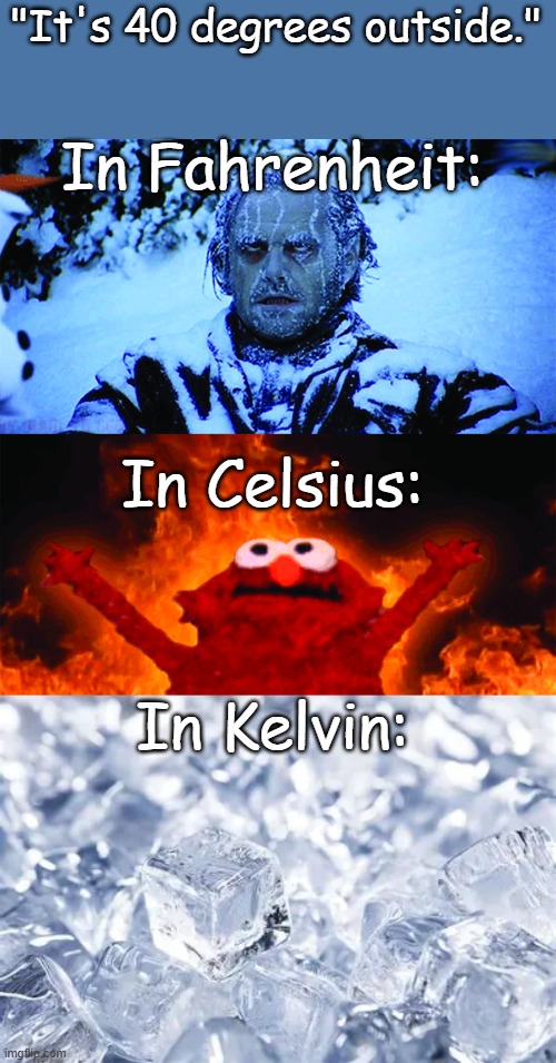 real | "It's 40 degrees outside."; In Fahrenheit:; In Celsius:; In Kelvin: | image tagged in cold vs hot | made w/ Imgflip meme maker