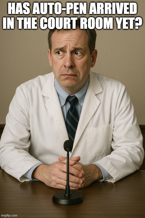 Nervous doctor | HAS AUTO-PEN ARRIVED IN THE COURT ROOM YET? | image tagged in nervous doctor | made w/ Imgflip meme maker