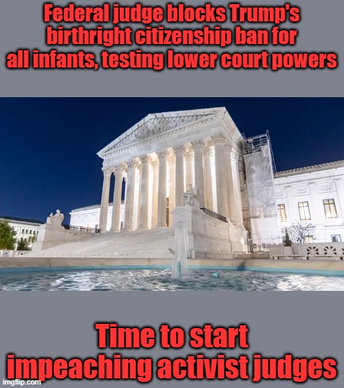 Federal judge blocks Trump's birthright citizenship ban for all infants, testing lower court powers; Time to start impeaching activist judges | made w/ Imgflip meme maker