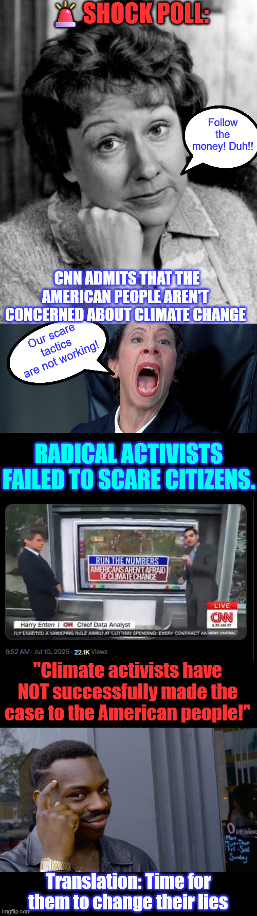 CNN admits climate change fearmongering is not working... they are in panic mode | 🚨SHOCK POLL:; Follow the money! Duh!! CNN ADMITS THAT THE AMERICAN PEOPLE AREN'T CONCERNED ABOUT CLIMATE CHANGE; Our scare tactics are not working! RADICAL ACTIVISTS FAILED TO SCARE CITIZENS. "Climate activists have NOT successfully made the case to the American people!"; Translation: Time for them to change their lies | image tagged in frau farbissina,memes,roll safe think about it,cnn,new climate change spin needed,old one not working | made w/ Imgflip meme maker