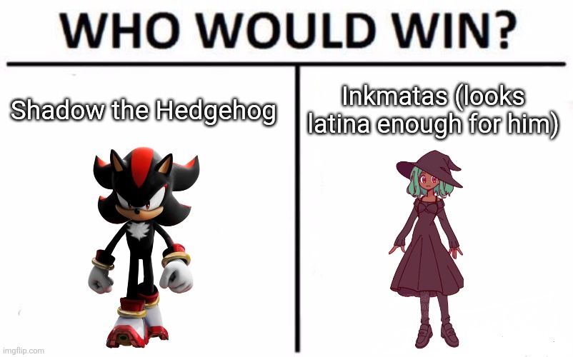 "Shadow, why did you steal my passport?" Said Sonic. (This post is a /j) | Shadow the Hedgehog; Inkmatas (looks latina enough for him) | image tagged in memes,who would win | made w/ Imgflip meme maker