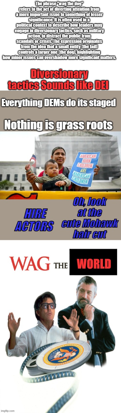The phrase "wag the dog" refers to the act of diverting attention from a more important issue to something of lesser significance. It is often used in a political context to describe how leaders may engage in diversionary tactics, such as military action, to distract the public from scandals or crises. The expression originates from the idea that a small entity (the tail) controls a larger one (the dog), highlighting how minor issues can overshadow more significant matters. Diversionary tactics Sounds like DEI | made w/ Imgflip meme maker