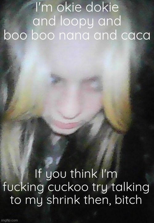moons insane bad quality | I'm okie dokie and loopy and boo boo nana and caca; If you think I'm fucking cuckoo try talking to my shrink then, bitch | image tagged in moons insane bad quality | made w/ Imgflip meme maker