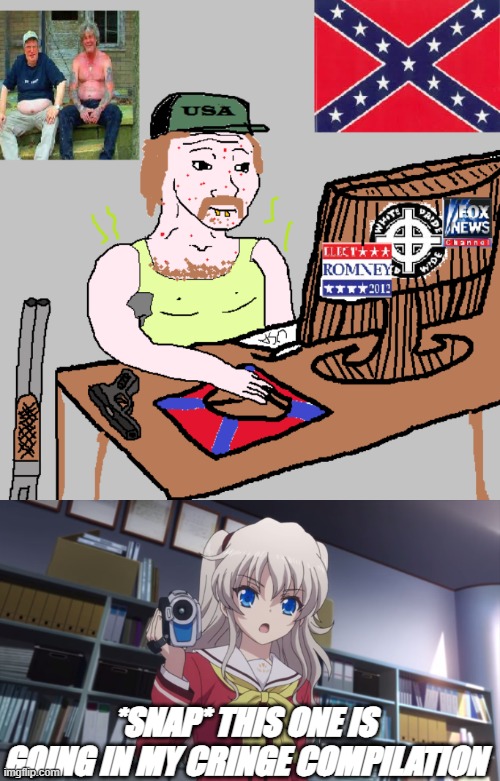Heritage isn't an excuse for slavery and oppression | *SNAP* THIS ONE IS GOING IN MY CRINGE COMPILATION | image tagged in nao tomori camera,confederacy,confederate,charlotte anime,charlotte,anime | made w/ Imgflip meme maker