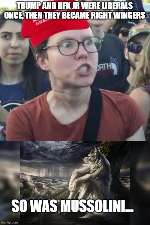 National Socialism IS NOT SOCIALISM (AT 0 UPVOTES TO THE POLITICS STREAM) | TRUMP AND RFK JR WERE LIBERALS ONCE, THEN THEY BECAME RIGHT WINGERS; SO WAS MUSSOLINI... | image tagged in maga loser,sigma wolf | made w/ Imgflip meme maker