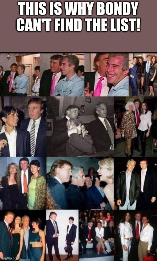 This is why | THIS IS WHY BONDY CAN'T FIND THE LIST! | image tagged in donald trump,trump,jeffrey epstein,epstein,maga,nevertrump | made w/ Imgflip meme maker