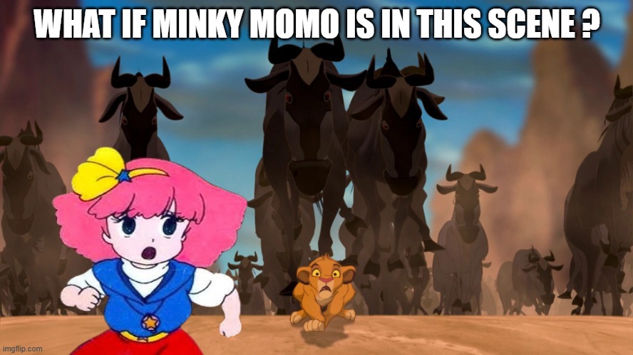 what if minky momo is in the wildebeest stampede ? | WHAT IF MINKY MOMO IS IN THIS SCENE ? | image tagged in simba running,lion king,crossover memes,anime,minky momo,wildebeest stampede | made w/ Imgflip meme maker