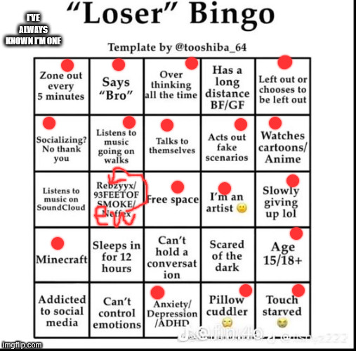 I'm a loser ig *shrugs* | I'VE ALWAYS KNOWN I'M ONE | image tagged in loser bingo,loser,you lost the game | made w/ Imgflip meme maker