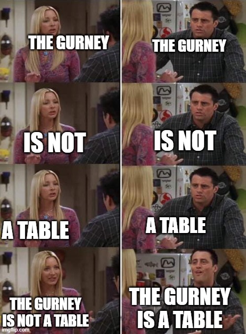 The gurney is NOT a table! | THE GURNEY; THE GURNEY; IS NOT; IS NOT; A TABLE; A TABLE; THE GURNEY IS A TABLE; THE GURNEY IS NOT A TABLE | image tagged in phoebe teaching joey in friends | made w/ Imgflip meme maker