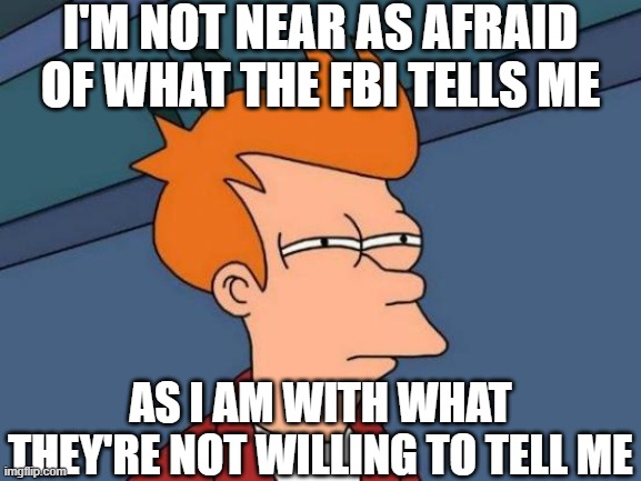 Futurama Fry Meme | I'M NOT NEAR AS AFRAID OF WHAT THE FBI TELLS ME AS I AM WITH WHAT THEY'RE NOT WILLING TO TELL ME | image tagged in memes,futurama fry | made w/ Imgflip meme maker