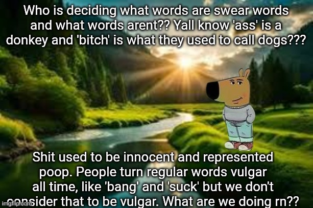 chill guy | Who is deciding what words are swear words and what words arent?? Yall know 'ass' is a donkey and 'bitch' is what they used to call dogs??? Shit used to be innocent and represented poop. People turn regular words vulgar all time, like 'bang' and 'suck' but we don't consider that to be vulgar. What are we doing rn?? | image tagged in chill guy | made w/ Imgflip meme maker