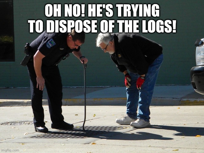 two men looking down into a sewer | OH NO! HE'S TRYING TO DISPOSE OF THE LOGS! | image tagged in two men looking down into a sewer | made w/ Imgflip meme maker