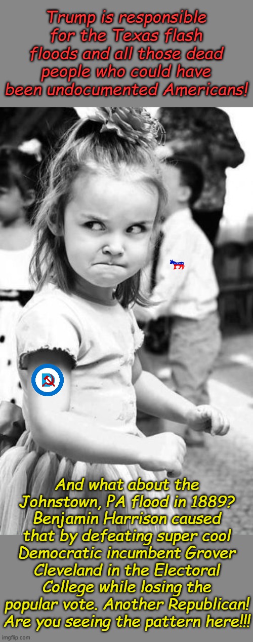 Democrat Anger + Democrat Logic = Democrat Anger (Democrat Logic has a value of zero) | Trump is responsible for the Texas flash floods and all those dead people who could have been undocumented Americans! And what about the Johnstown, PA flood in 1889? Benjamin Harrison caused that by defeating super cool Democratic incumbent Grover Cleveland in the Electoral College while losing the popular vote. Another Republican! Are you seeing the pattern here!!! | image tagged in memes,angry toddler | made w/ Imgflip meme maker