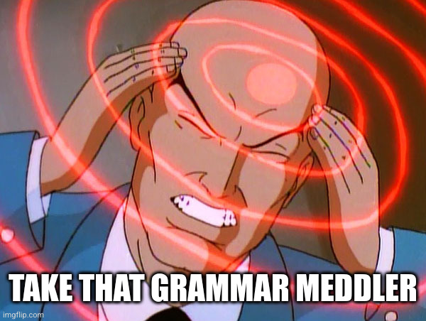 Professor X | TAKE THAT GRAMMAR MEDDLER | image tagged in professor x | made w/ Imgflip meme maker