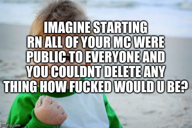 idk scale.of 1-10 | IMAGINE STARTING RN ALL OF YOUR MC WERE PUBLIC TO EVERYONE AND YOU COULDNT DELETE ANY THING HOW FUCKED WOULD U BE? | image tagged in memes,success kid original | made w/ Imgflip meme maker