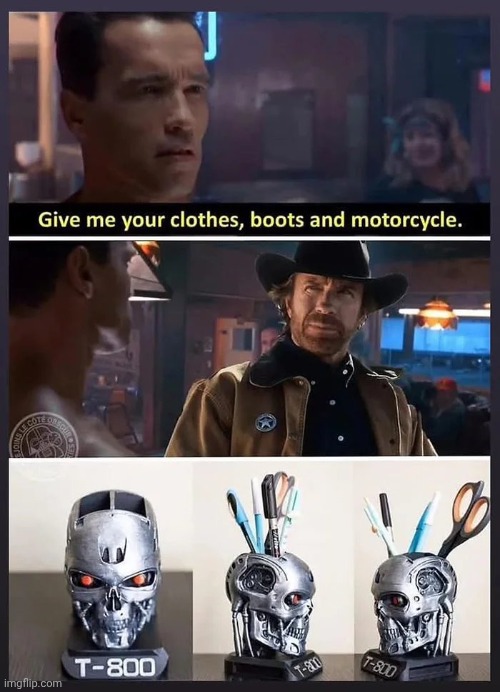 He won't be back | image tagged in chuck norris,terminator 2,know the difference,boots,clothes,sorry not sorry | made w/ Imgflip meme maker