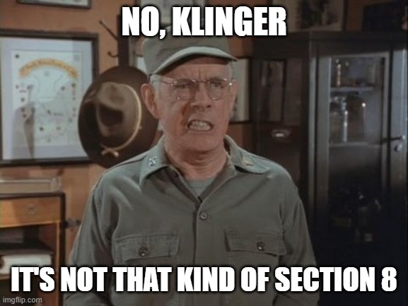 Colonel Potter | NO, KLINGER IT'S NOT THAT KIND OF SECTION 8 | image tagged in colonel potter | made w/ Imgflip meme maker