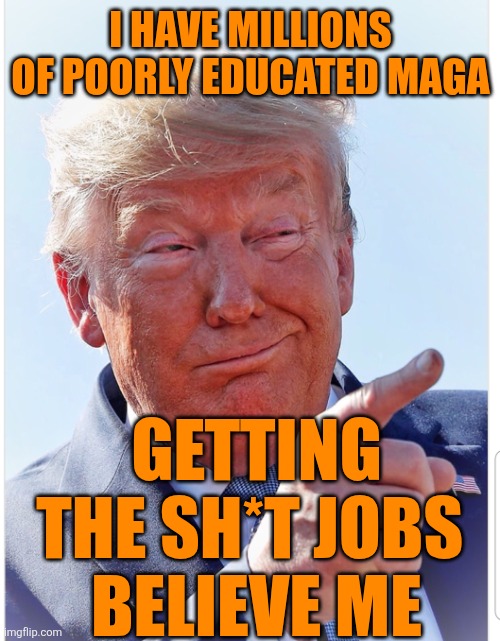 Trump pointing | I HAVE MILLIONS OF POORLY EDUCATED MAGA GETTING THE SH*T JOBS 
BELIEVE ME | image tagged in trump pointing | made w/ Imgflip meme maker