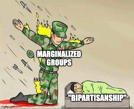 Soldier protecting sleeping child | MARGINALIZED GROUPS; "BIPARTISANSHIP" | image tagged in soldier protecting sleeping child | made w/ Imgflip meme maker