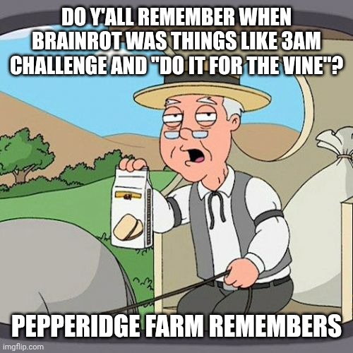 Jokes were so much funnier back then :( | DO Y'ALL REMEMBER WHEN BRAINROT WAS THINGS LIKE 3AM CHALLENGE AND "DO IT FOR THE VINE"? PEPPERIDGE FARM REMEMBERS | image tagged in memes,pepperidge farm remembers | made w/ Imgflip meme maker