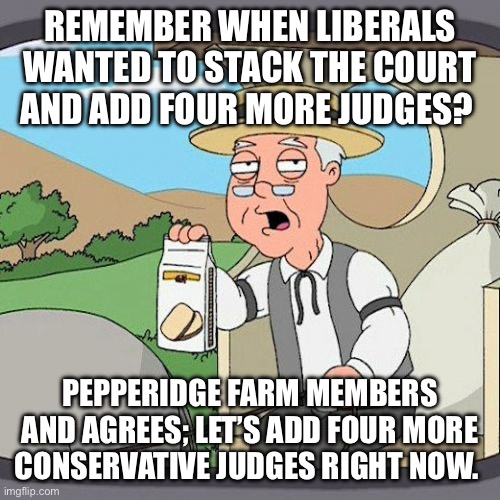 Pepperidge Farm Remembers Meme | REMEMBER WHEN LIBERALS WANTED TO STACK THE COURT AND ADD FOUR MORE JUDGES? PEPPERIDGE FARM MEMBERS AND AGREES; LET’S ADD FOUR MORE CONSERVAT | image tagged in memes,pepperidge farm remembers | made w/ Imgflip meme maker