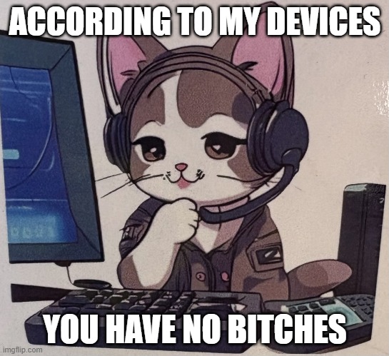 Tech support cat from singapore | ACCORDING TO MY DEVICES; YOU HAVE NO BITCHES | image tagged in tech support cat from singapore | made w/ Imgflip meme maker