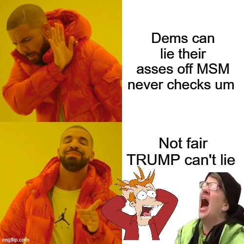 Taint's Fair | Dems can lie their asses off MSM never checks um; Not fair TRUMP can't lie | image tagged in memes,drake hotline bling | made w/ Imgflip meme maker