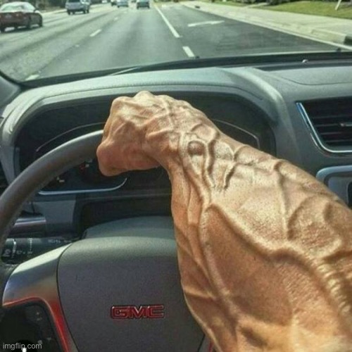 I am in the car rn going to g-fest (I’m not the one driving) | image tagged in muscle arm driver | made w/ Imgflip meme maker
