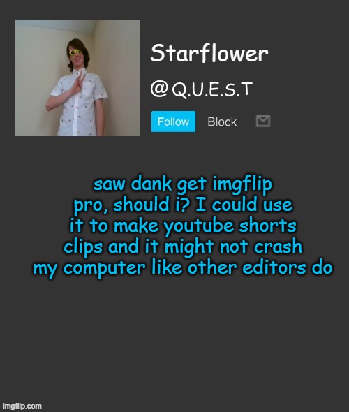 Starflower quest template | saw dank get imgflip pro, should i? I could use it to make youtube shorts clips and it might not crash my computer like other editors do | image tagged in starflower quest template | made w/ Imgflip meme maker