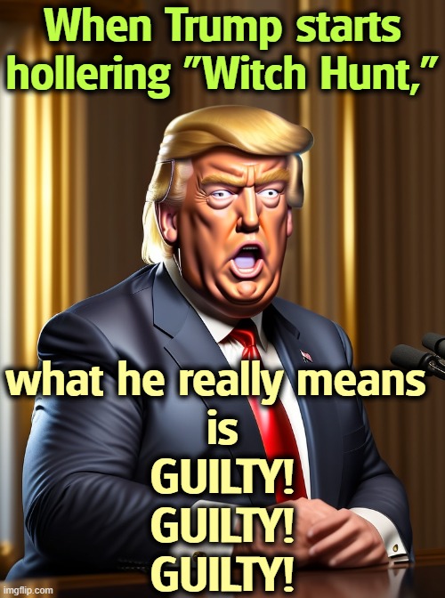 When Trump starts hollering "Witch Hunt,"; what he really means 
is
GUILTY!
GUILTY!
GUILTY! | image tagged in trump,witch hunt,guilty | made w/ Imgflip meme maker